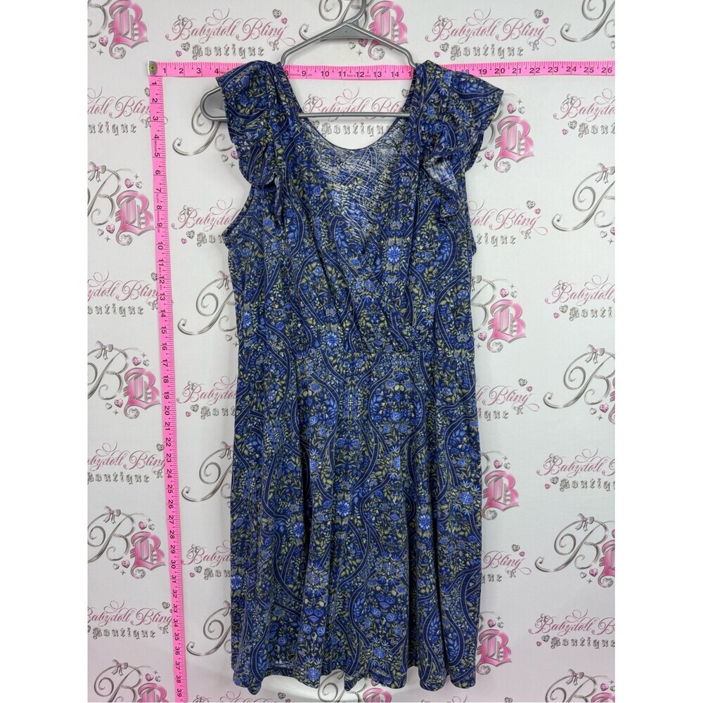 Dress Blue Floral Paisley Flutter-Sleeve Dress
